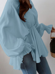 Women Solid Color V-Neck Puff Sleeve Ruffles Hem Casual Blouse