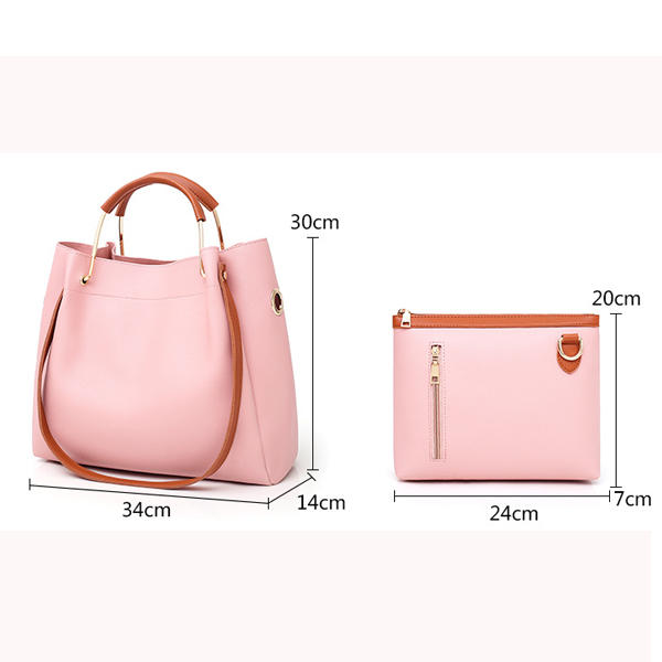 Women Leisure Faux Leather 2 Pcs Bucket Bag Crossbody Shoulder Handbag