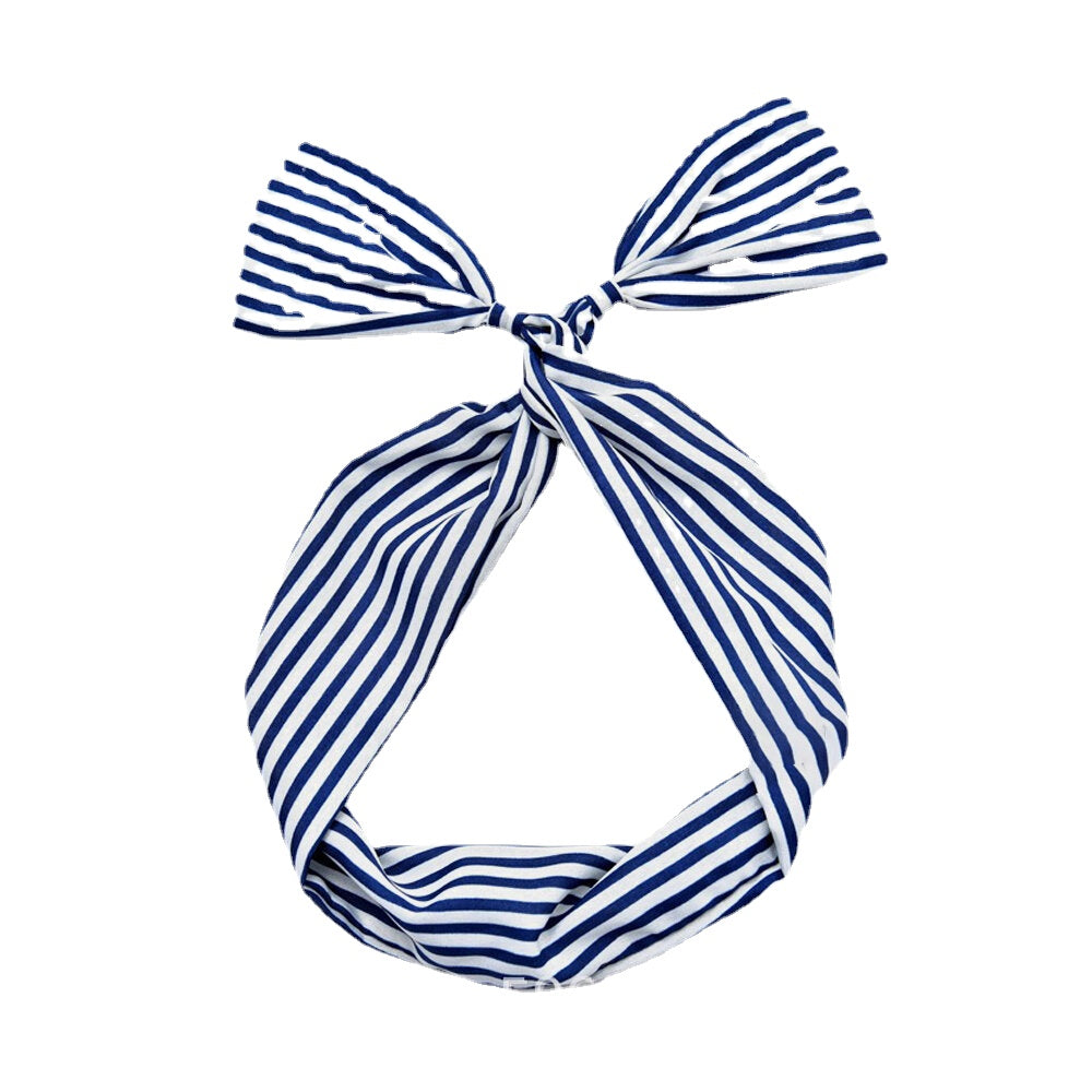 Women Cute Sweet Bow Headdress Dot Stripe Pattern With Adjustable Straight Wire Fabric Cross Tie Headband