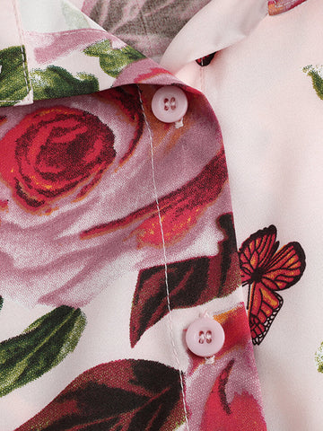 Lantern Sleeve Flower Button Lapel Rose Print Shirt