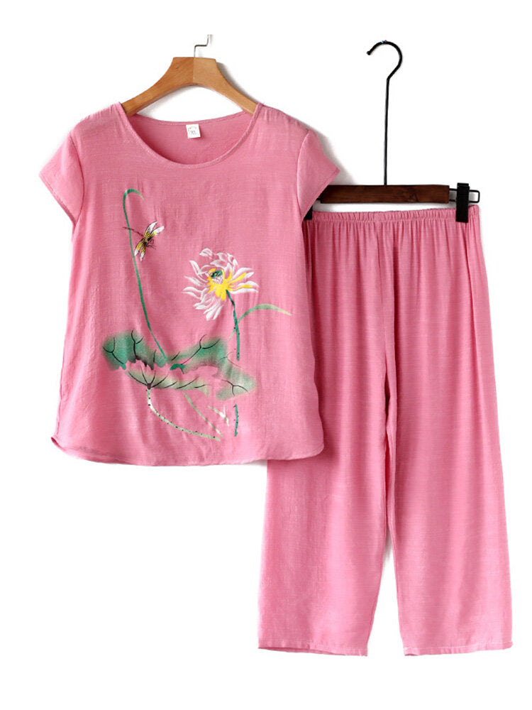 Women Plants Print Plus Size Pajamas Soft Breathable Summer Loungewear