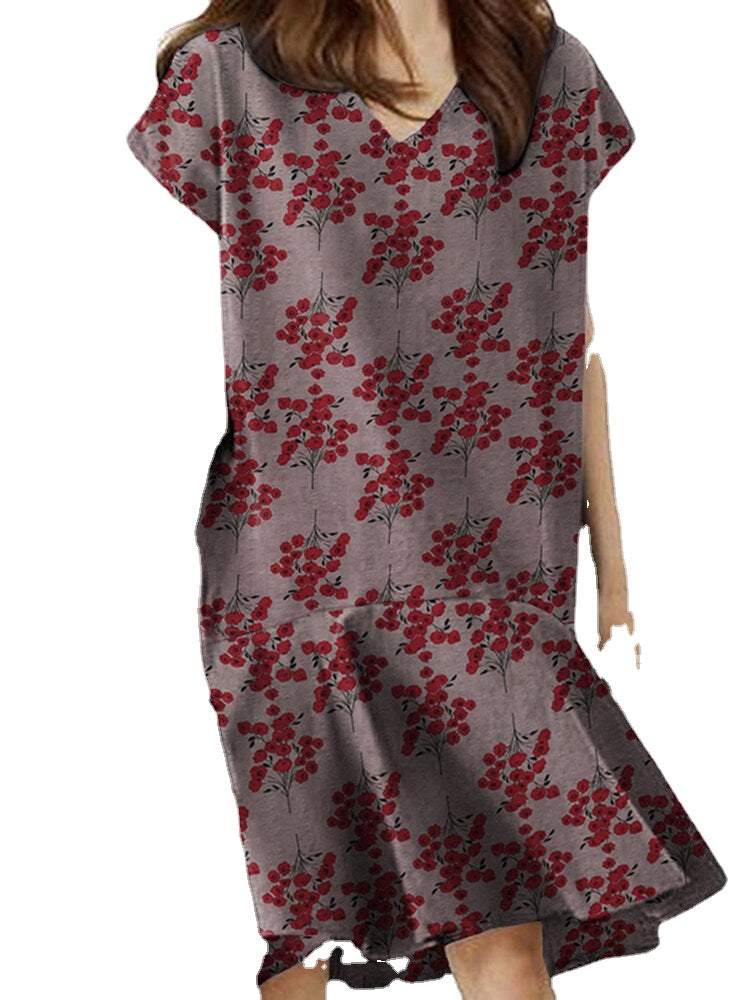 Floral Print Ruffle V Neck Cap Sleeve Midi Dress For Women