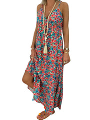 Women Sleeveless Straps Floral Print Elastic Waist Summer Holiday Long Maxi Dress