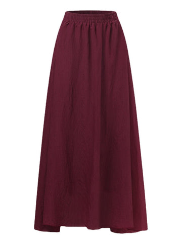 Women Big Swing Solid Color Elastic Waist Loose Casual Long Skirt