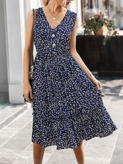 Casual Bohemia Floral Print V-neck Sleeveless Holiday Midi Dress