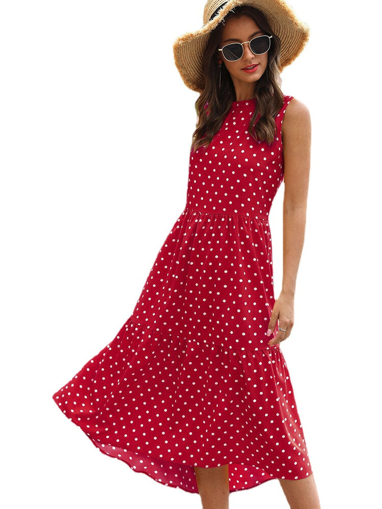 Polka Dot Print Sleeveless High Low Hem High Waist Dress