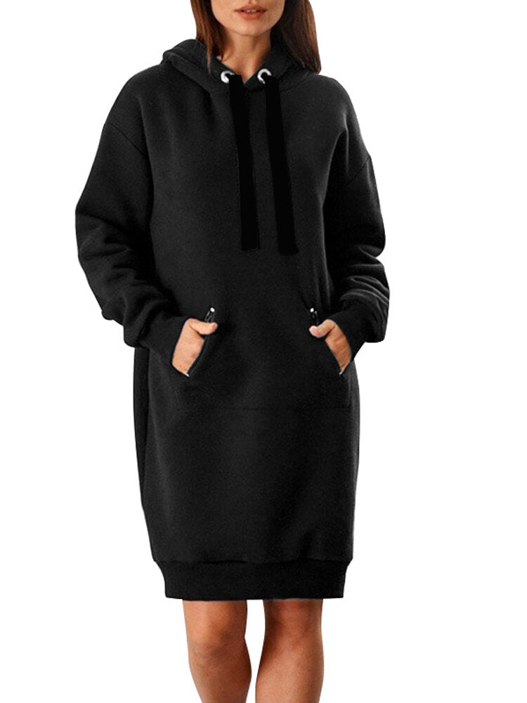 Women Hooded Collared Knee Length Front Pocket Casual Midi Dresses