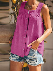 Solid Color Button Loose Pleated Tank Tops For Women