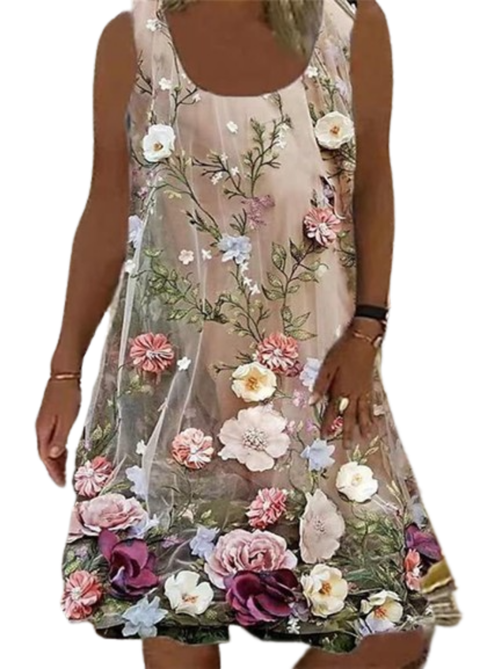 Women's Sleeveless Floral Print Crew Neck Vacation Chic Dress