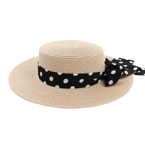Women Sunscreen Vacation Summer Sun Hat Elegant Stylish Straw Hat With Polka Dot Ribbon