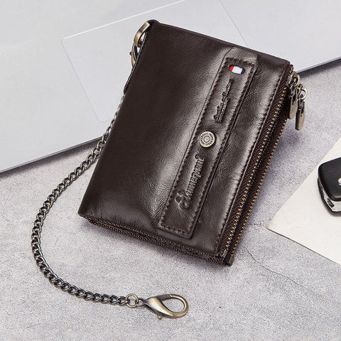 Men Genuine Leather Double Zipper Coin Purse RFID Anti-magnetic 8 Card Slot Case Wallet