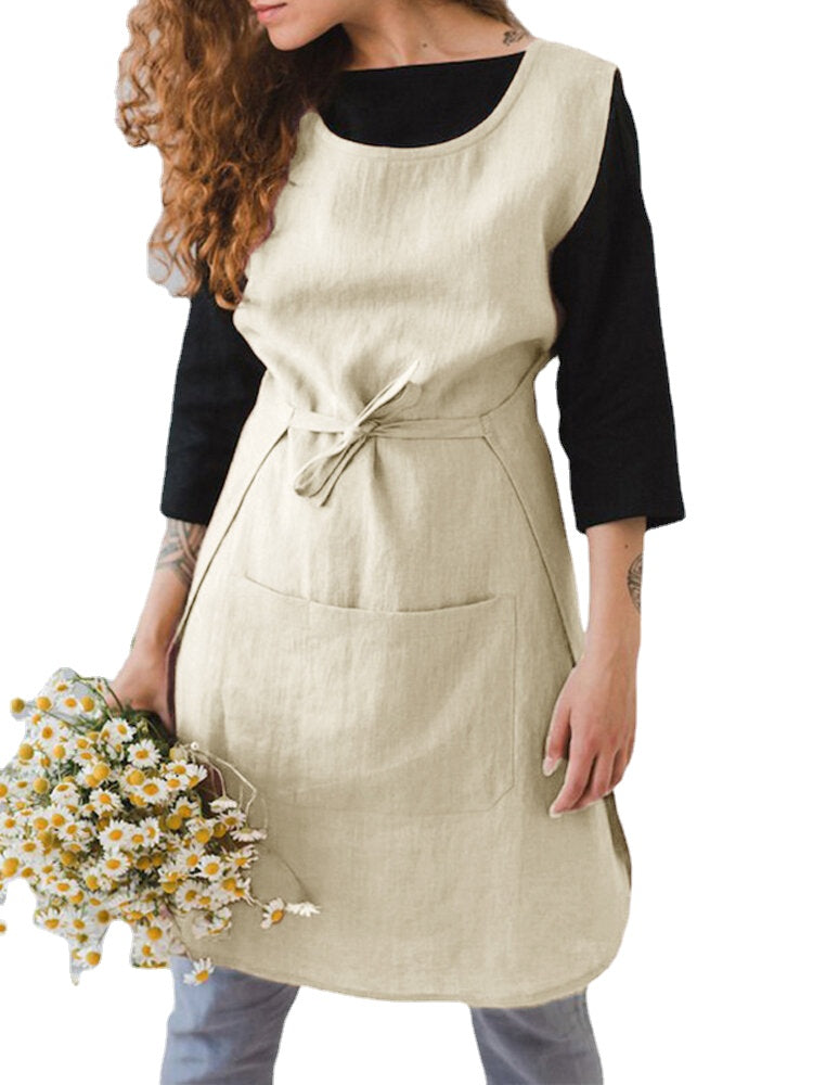 Women Sleeveless Pocket Cotton Solid Color Vintage Apron Dress