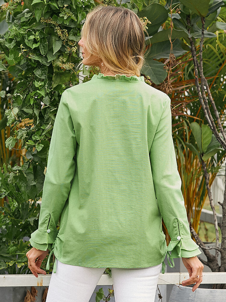 Women Green Ruffle Trim Long Sleeve Drawstring Button Casual Blouse