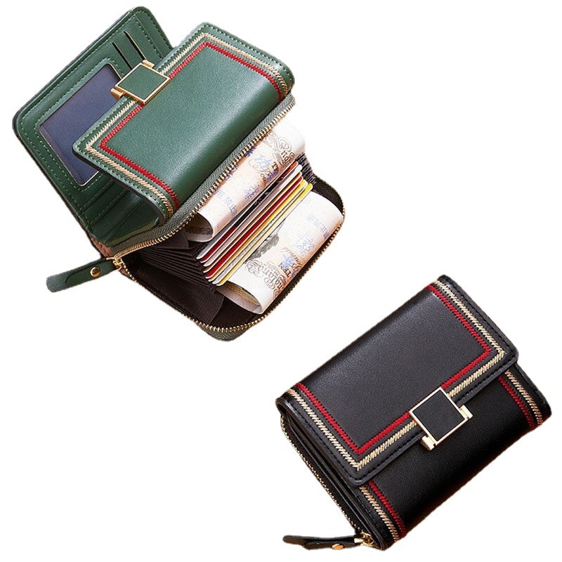 Women PU Leather Multi-card Slot Card Case Short Trifold Money Clip Zipper Coin Purse Wallet