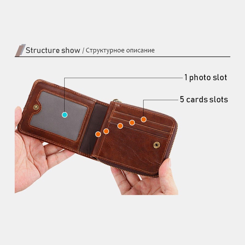 Men Genuine Leather Retro RFID Blocking Zipper Coin Bag Card Holder Wallet