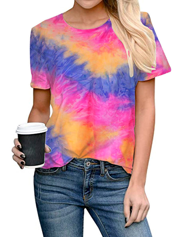 Tie-dye Print Round Neck Short Sleeve Loose Casual T-shirts Women