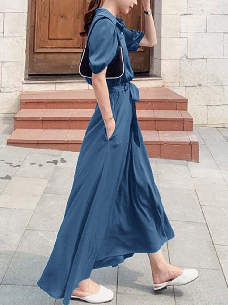 Solid Pocket Button Lapel Sash Casual Maxi Dress