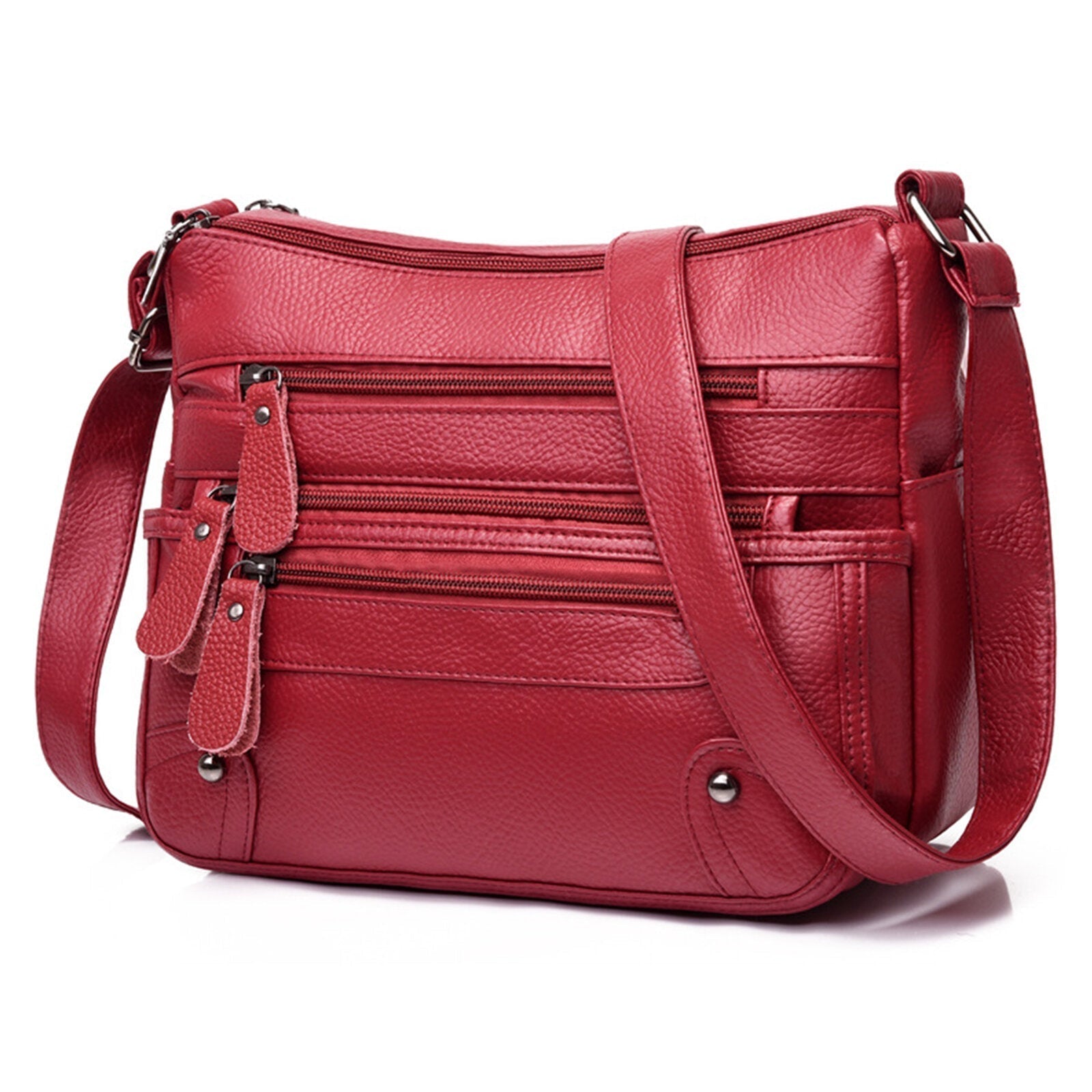Women Artificial Leather Vintage Soft Lychee Pattern Crossbody Bag Large Capacity Multi-pocketed Shoulder Messenger Bag