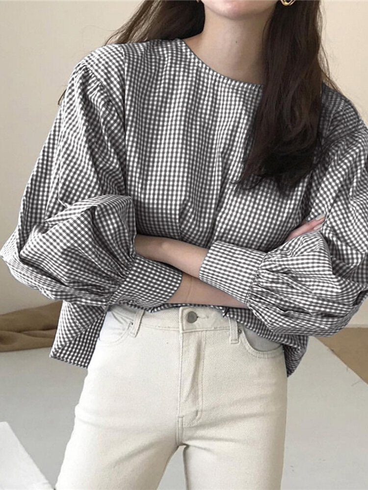 Puff Sleeve O-Neck Plaid Casual Loose Blouse For Women