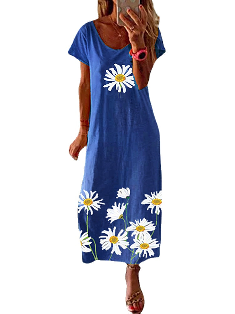 Daisy Print Short Sleeve Side Split Holiday Casual Loose Maxi Dress