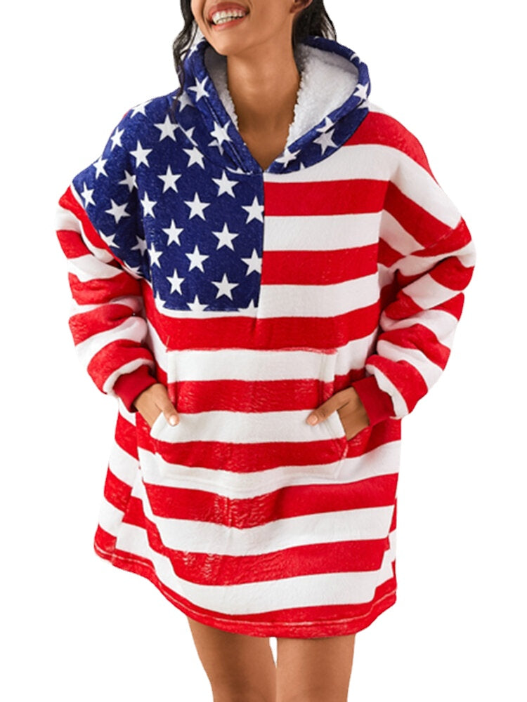 Women American Flag Graphics Fleece Lined Blanket Hoodie Cozy Thicken Warm Robe With Pocket