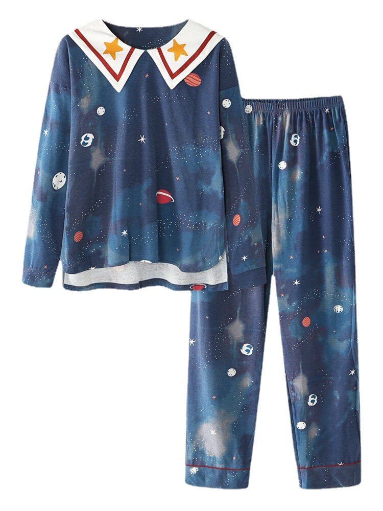 Women Starry Sky Print Cute Pullover Loose Elastic Waist Cartoon Home Pajama Set