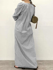 Stripe Print Button V-neck Long Sleeve Loose Shirt Dress