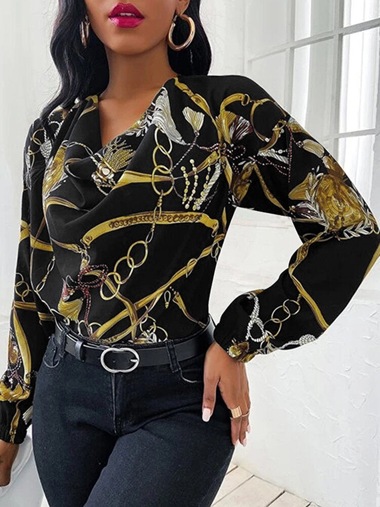 Chain Print Cowl Neck Puff Long Sleeve Women Blouse