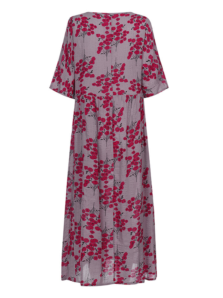 Women 3/4 Sleeve O-neck Floral Maxi Dress