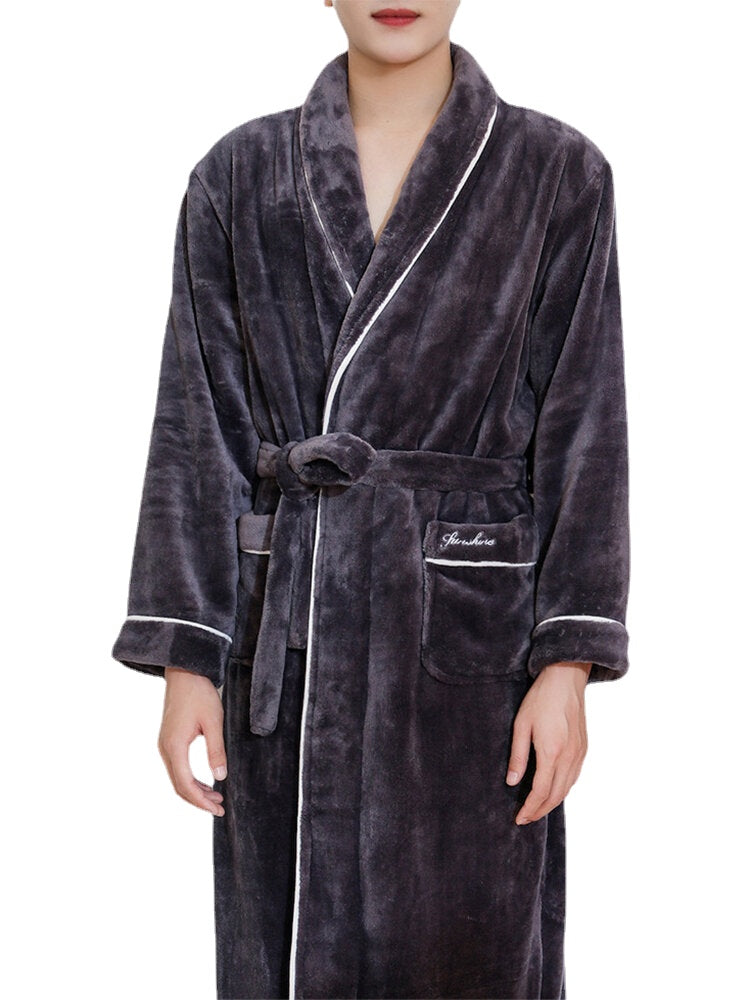 Men Flannel Lapel Double Pocket Warm Belted Robes With Contrast Binding