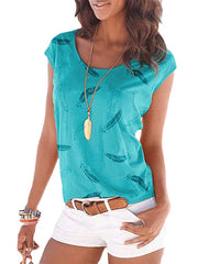 Feather Print Round Neck Sleeveless Loose Women Casual Tank Top