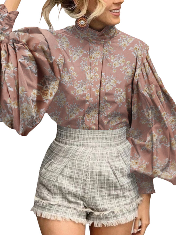 Women Lantern Sleeves Floral Pleated Stand Collar Patterned Shirt