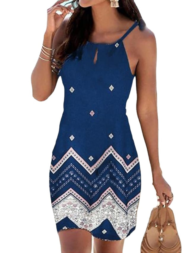 Women's Sleeveless Geometric Print Crew Neck Boho Strap Dress