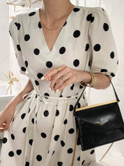 Polka Dot Print Half Sleeve V-neck Puff Drawstring Dress