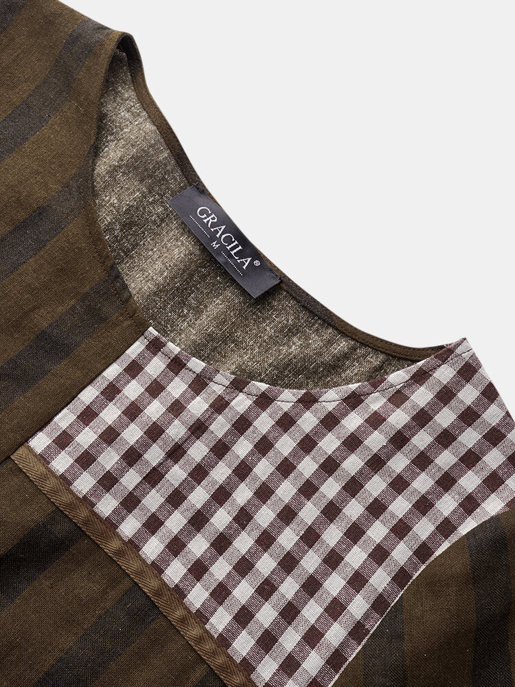 Plaid Striped Patchwork O-neck Short Sleeve Maxi Dress