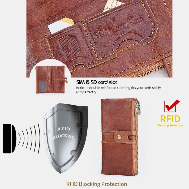 Men Bifold Long Cowhide Wallets Double Zipper RFID Blocking Multi-card Slot Card Holder Coin Purse Security Wallet