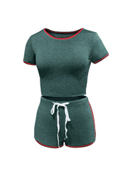 Solid Color O-neck Short Sleeve T-shirts Drawstring Waist Casual Shorts