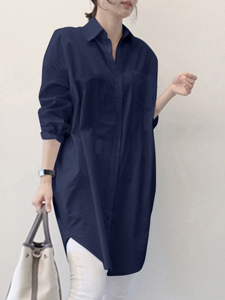 Women Pure Color Lapel Chest Pocket Loose Casual Long Sleeve Shirts