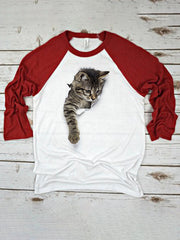 Cute Cat Print Raglan Sleeves O-Neck Casual T-Shirt For Women