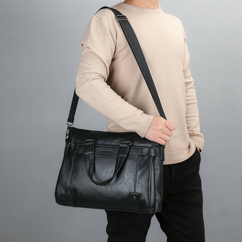 Men 14 Inch Laptop Bags Crossbody Bag Shoulder Handbags Briefcase Vintage PU Leather Messenger