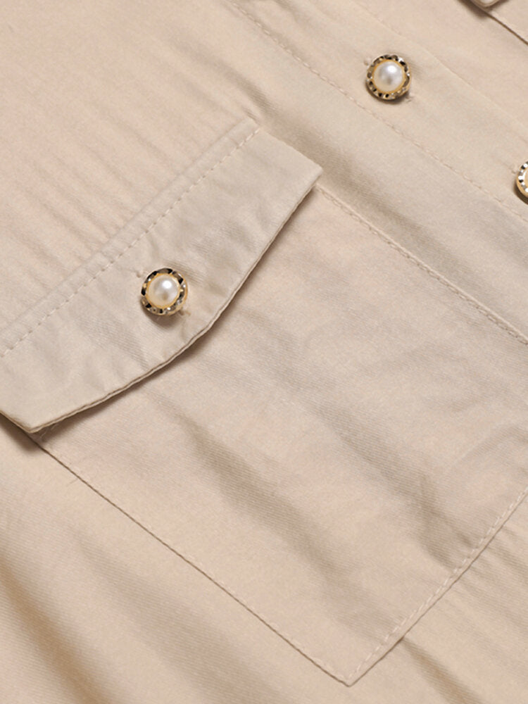 Solid Belt Pearl Button Pocket Long Sleeve Shirt Dress