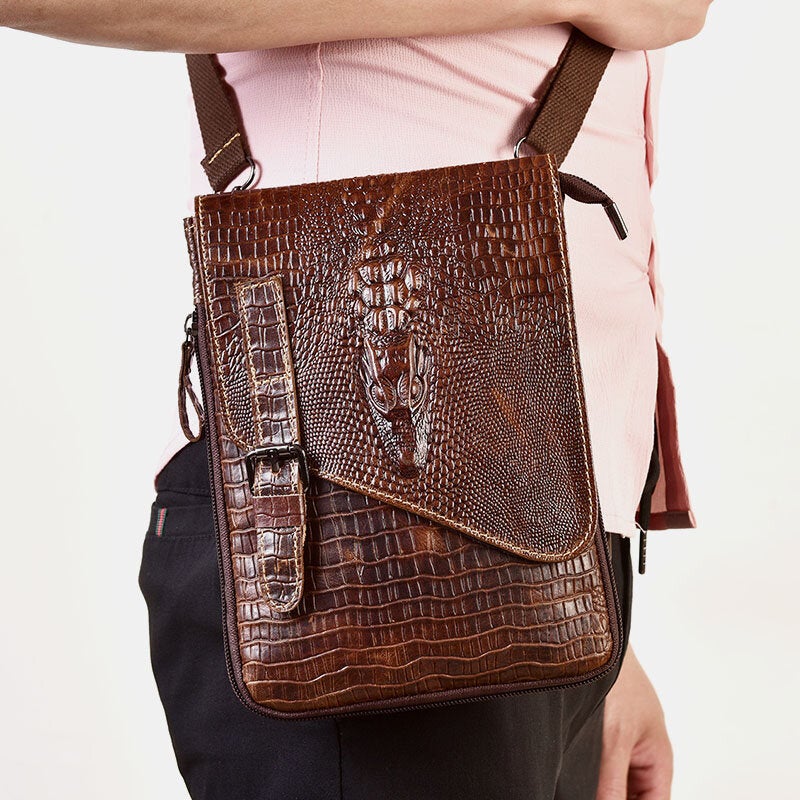 Men Genuine Leather Wear-Resistant Crocodile Texture Casual Crossbody Bag Shoulder