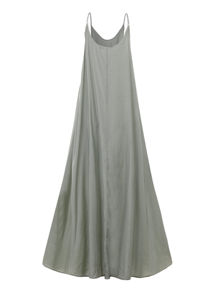 Solid Color Spaghetti Sleeveless Loose Swing Casual Maxi Dress