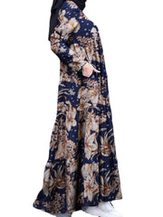 Women Floral Print Loose Causal Bohemian Back Zipper Pleated Maxi Dress With Side Pockets