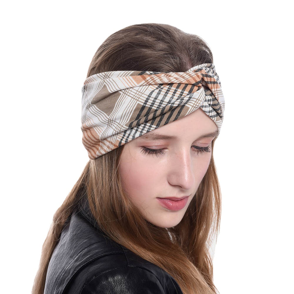 Women Lattice Leaf Printing Outdoor Sport Headdress Elastic Cross Tie Hair Band Headband