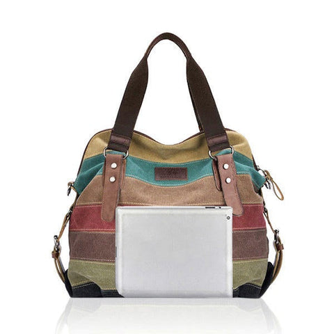 Women Stripe Canvas Handbag  Micro-Fibric Leather Shoulder Contrast Color Crossbody Bags