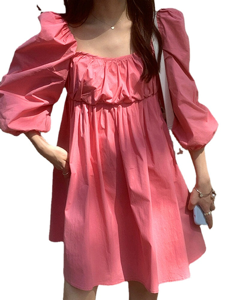 Puff Sleeve Solid Color Square Collar Pleating A-line Casual Mini Dress