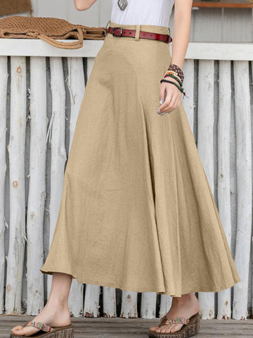 100% Cotton Solid Side Zipper Spliced Casual Loose Skirt For Women