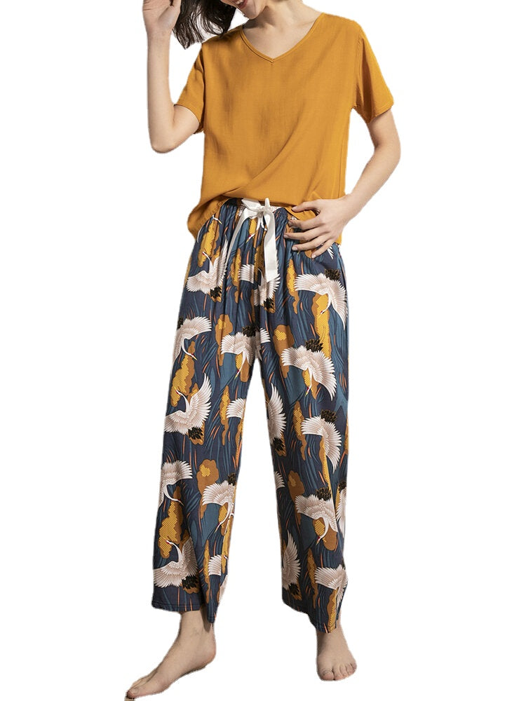 Women Ethnic Style Crane Print V-Neck Wide Leg Pajama Set