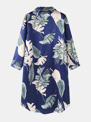 Women Leaf Print Ice Silk Chest Pocket Long Sleeve Sleepdress